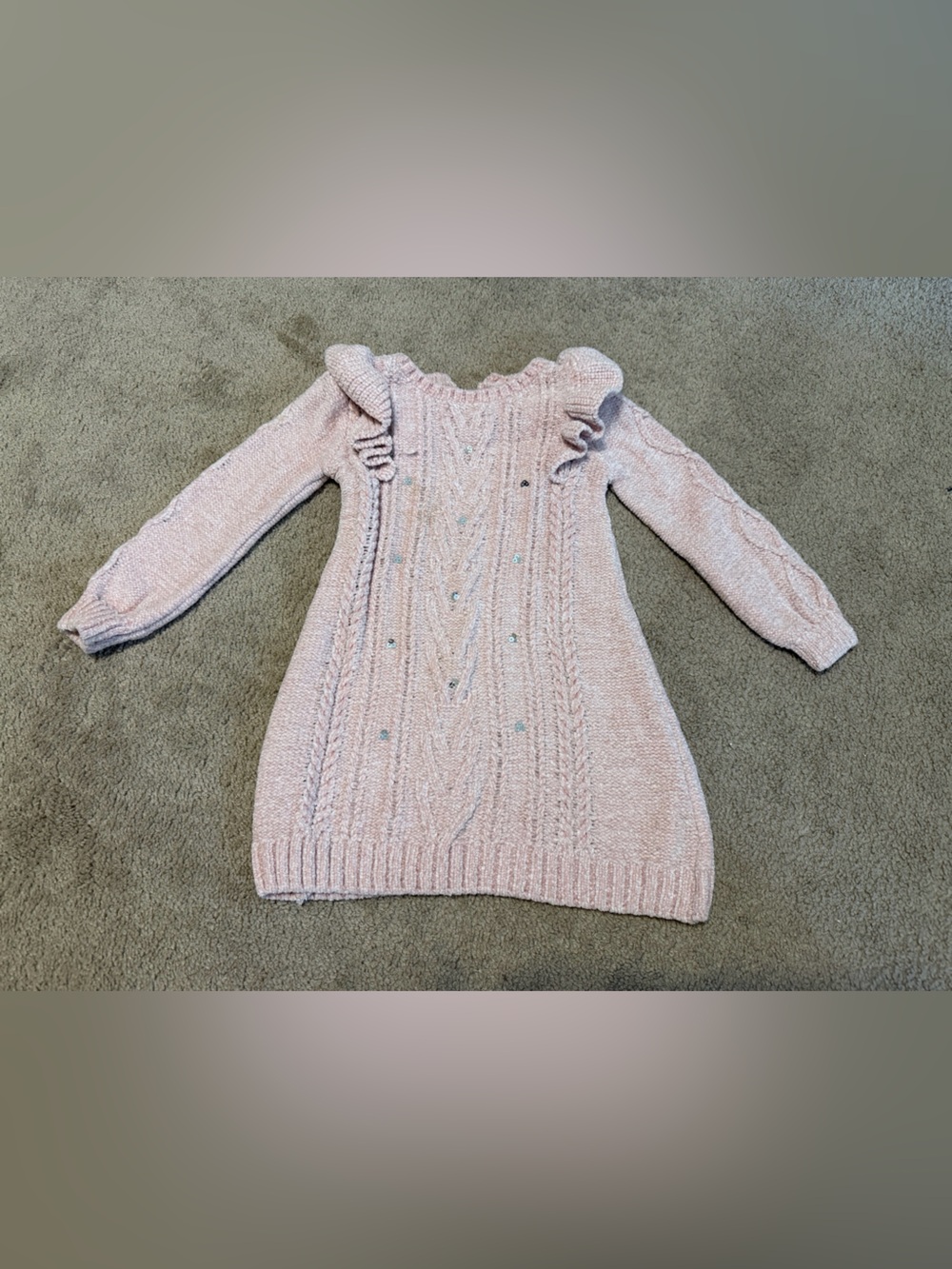Little Lass Pink Cable-Knit Ruffle Turtleneck Sweater Dress